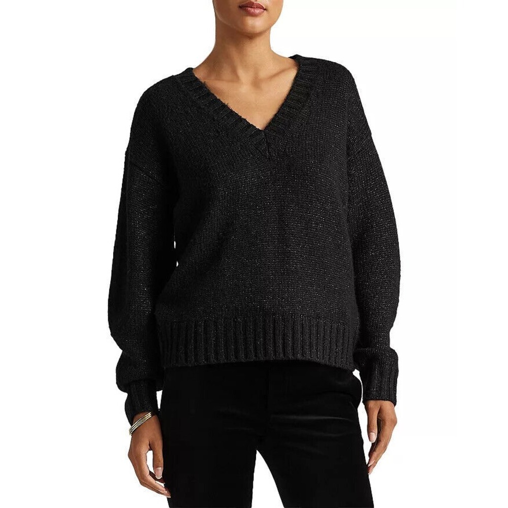 Lauren Ralph Lauren Metallic V Neck Sweater Black Size XL‎